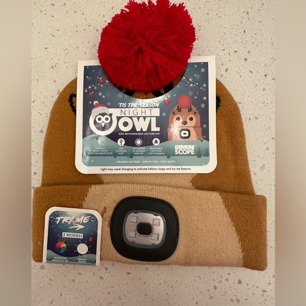 Kids Night Owl LED Rechargeable Knit Beanie Head Lamp Pom Pom Hat